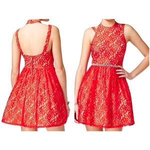City Studio Red Halter Lace Overlay Studded Waist Party Dress Size 7 NWT